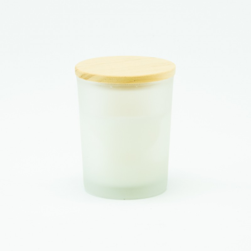 Geurkaarsje met houten deksel - frosted wit