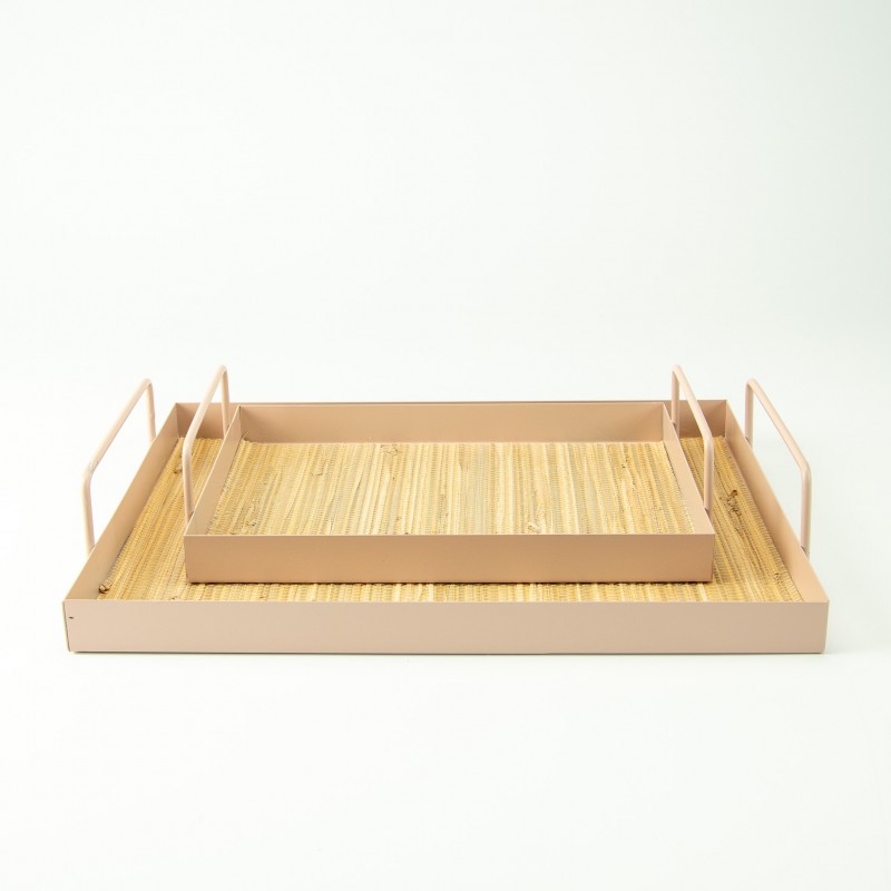 Set de 2 plateaux rectangle en métal avec cannage rotin - Blush