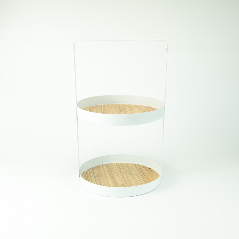 Etagère métal ronde 2 niveaux avec cannage rotin - Blanc