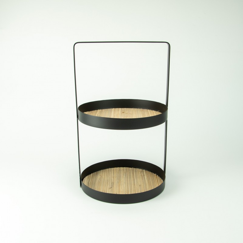 Etagère métal ronde 2 niveaux avec cannage rotin - noir