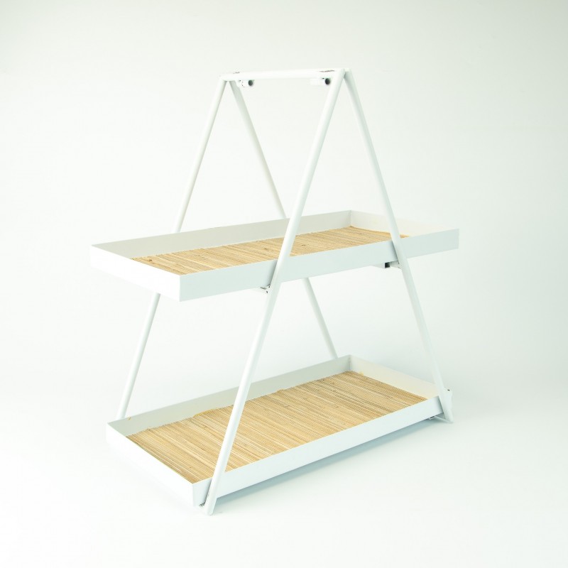 Etagère métal rectangle 2 niveaux avec cannage rotin - blanc