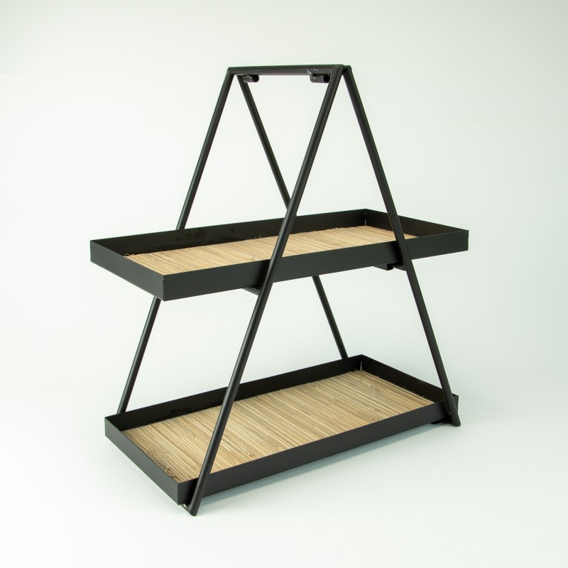 Etagère métal rectangle 2 niveaux avec cannage rotin - noir