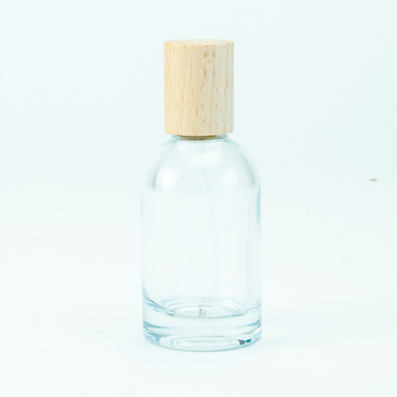 Glazen roomsprayflesje met houten dop 50ml - transparant