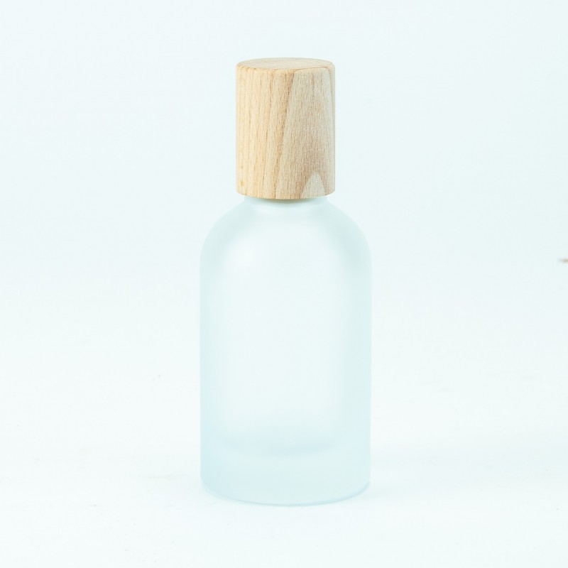 Glazen roomsprayflesje met houten dop 50ml - frosted wit