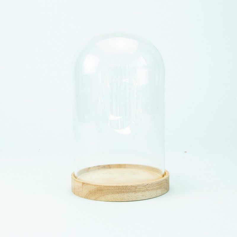 Glazen globe met houten voetstuk 19cm