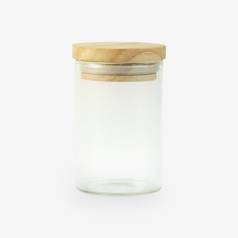 Glazen cylinder potje met houten deksel