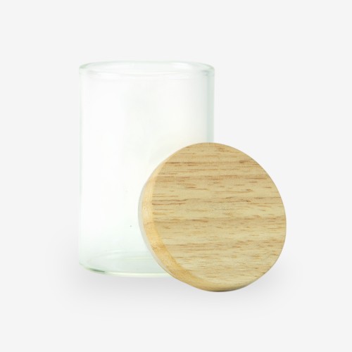 Glazen cylinder potje met houten deksel