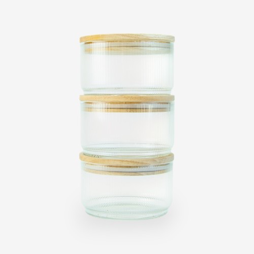 Set van 3 Glazen cylinderpotten met geribbelde binnenzijde en houten deksel