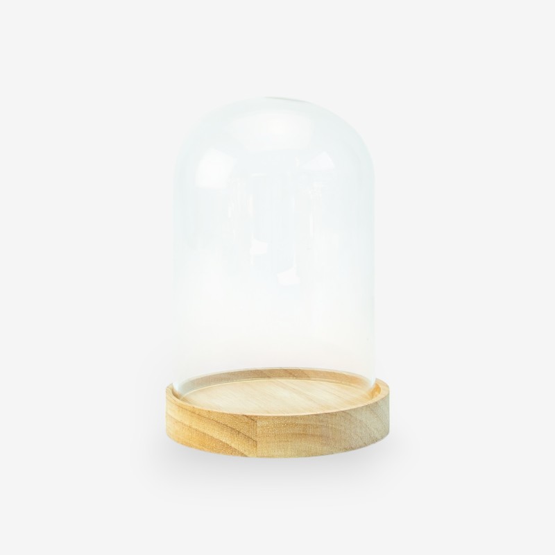Glazen globe met houten voetstuk 15cm