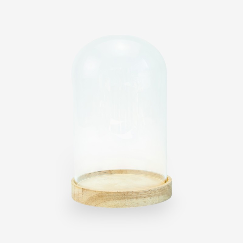 Glazen globe met houten voetstuk 19cm