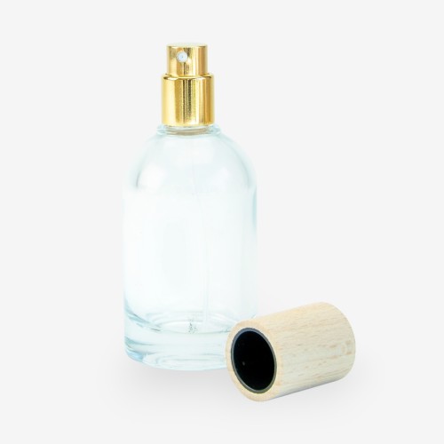 Glazen roomsprayflesje met houten dop 50 ml - transparant