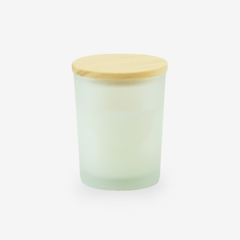 Geurkaarsje met houten deksel - frosted wit