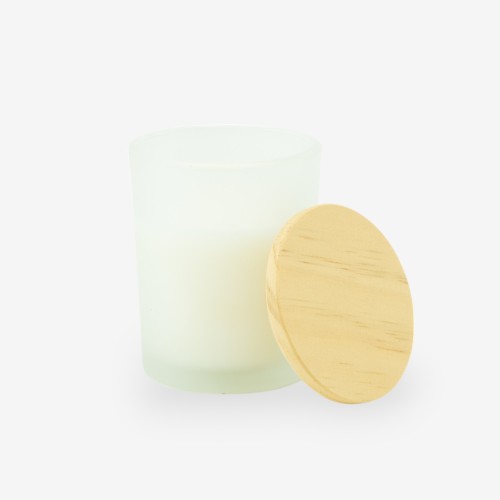 Geurkaarsje met houten deksel - frosted wit