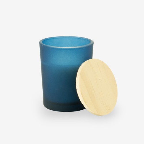 Geurkaarsje met houten deksel - frosted marineblauw