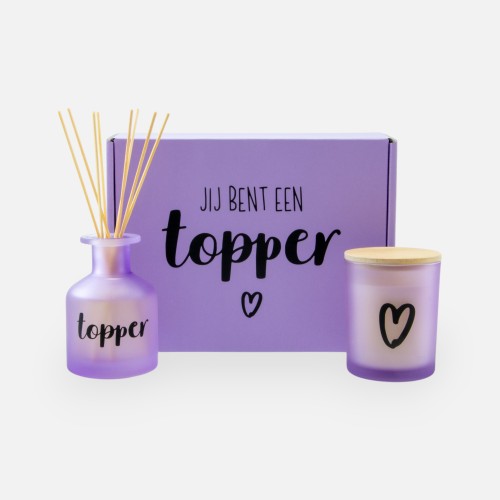 Luxegiftbox geurkaars & diffuser gevuld - frosted lila