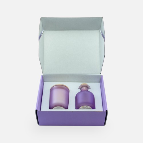 boîte cadeau de luxe avec bougie parfumée 100gr et diffuseur de parfum 100ml - lilas effet grivé