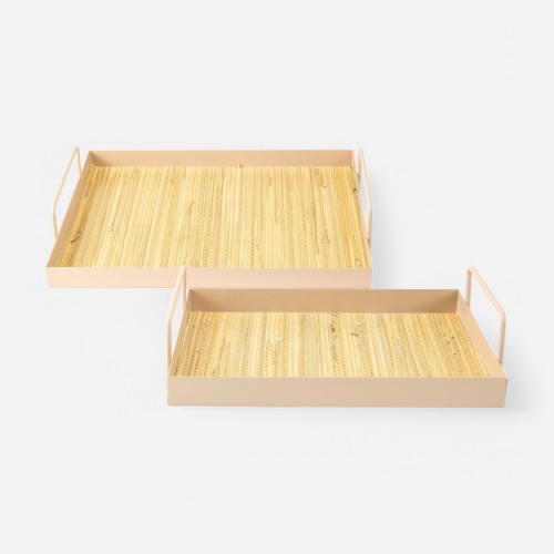 Set van 2 metalen dienbladen rechthoek met riet - blush