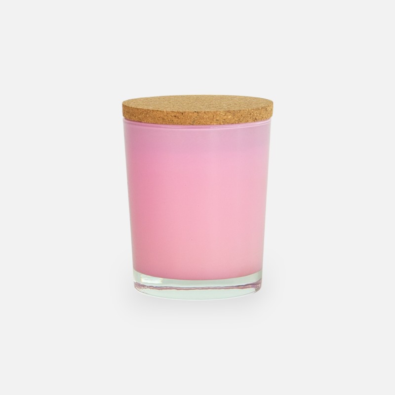 Geurkaarsje (rozegeur) roze glas met kurkdeksel