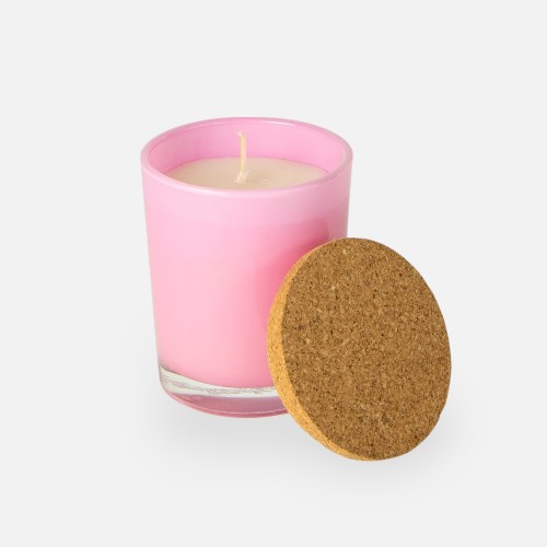 Geurkaarsje (rozegeur) roze glas met kurkdeksel