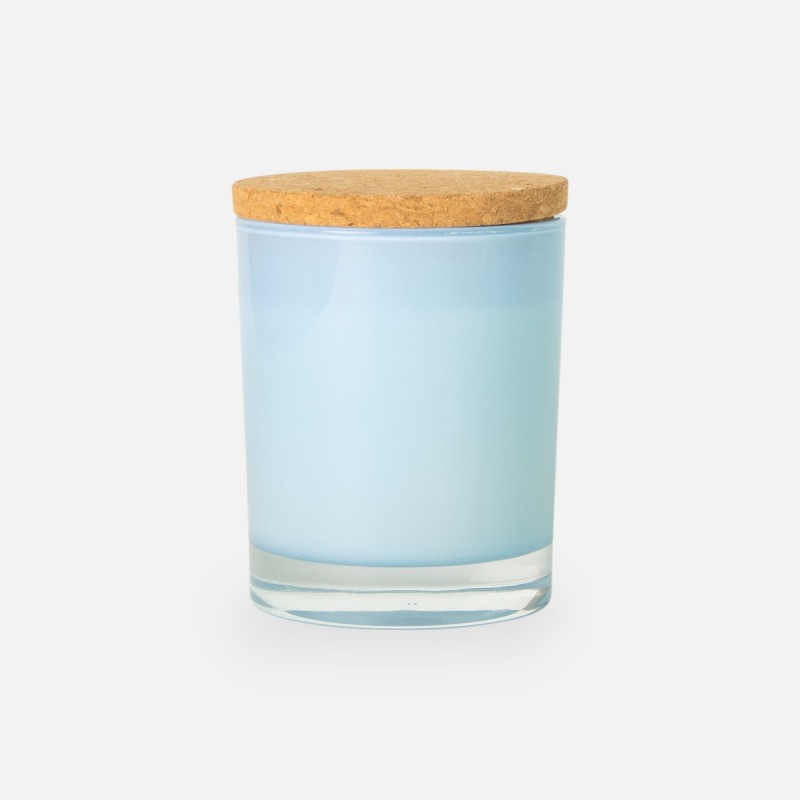 Geurkaars (cederhout) blauw glas met kurkdeksel