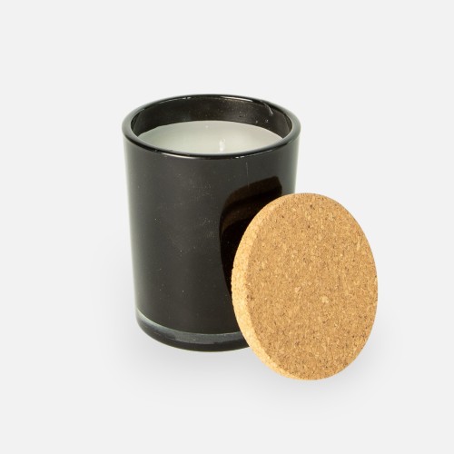 Geurkaarsje (cederhout) zwart glas met kurkdeksel
