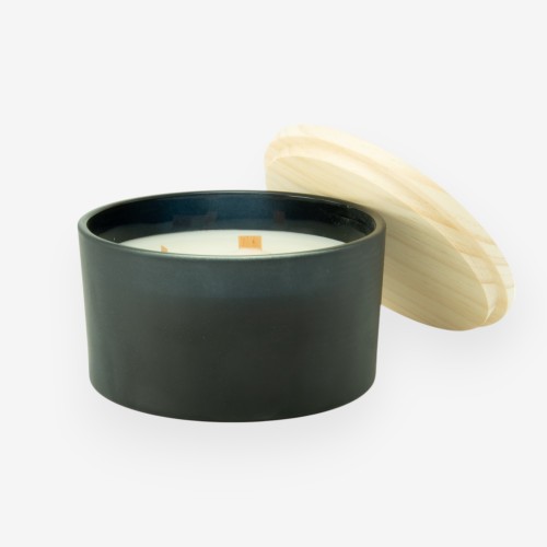 bougie parfumée de luxe avec couvercle en bois – noir effet grivé