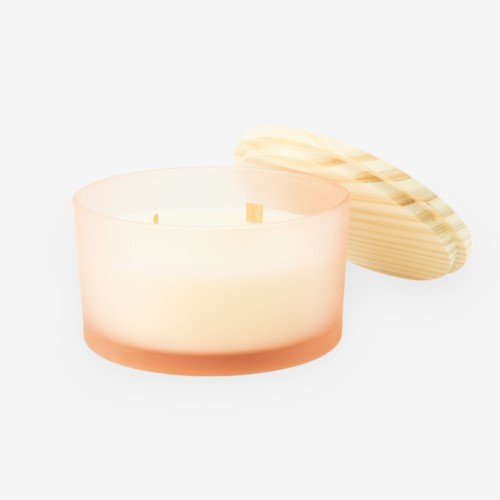 Luxe geurkaars laag frosted blush met houten deksel – small