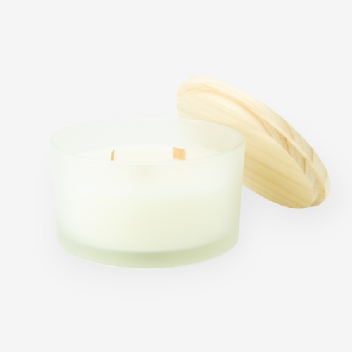 Luxe geurkaars laag frosted wit met houten deksel – small