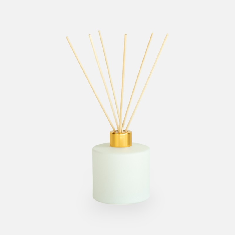 Set parfumfles cylinder 200 ml wit met gouden schroefdop + geurstokjes