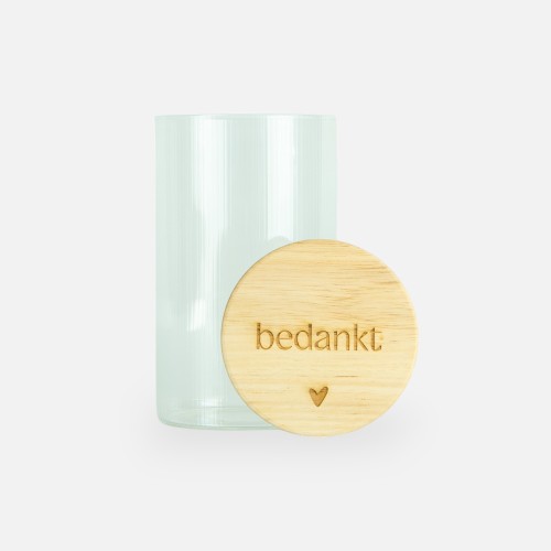 Glazen cylinderpot met geribbelde binnenzijde en houten deksel - 'Bedankt'