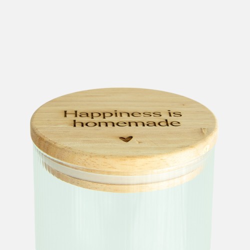 Glazen cylinderpot met geribbelde binnenzijde en houten deksel - 'Happiness is homemade'