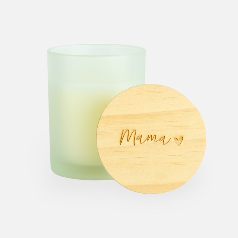 Bougie parfumée avec couvercle en bois blanc effet givré - 'mama'