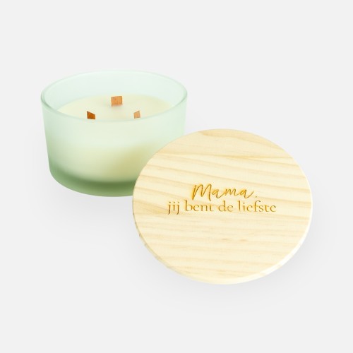 Luxe geurkaars laag frosted wit met houten deksel – 'mama, jij bent de liefste'