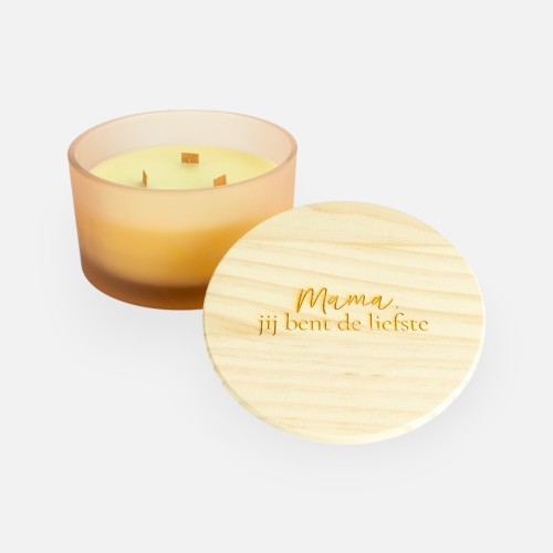 bougie parfumée de luxe avec couvercle en bois blush effet grivé - 'mama, jij bent de liefste'