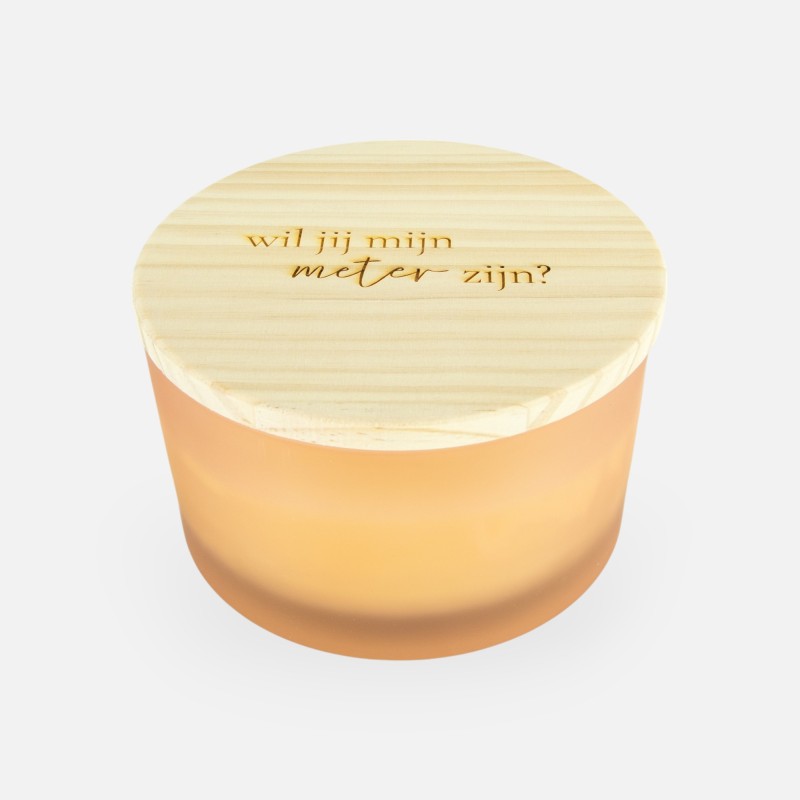 bougie parfumée de luxe avec couvercle en bois blush effet grivé - 'Wil jij mijn meter zijn?'