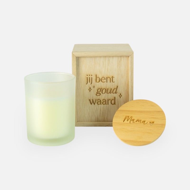 Coffret cadeau en bois avec couvercle coulissant et bougie parfumée blanche - 'Jij bent goud waard' / 'Mama'