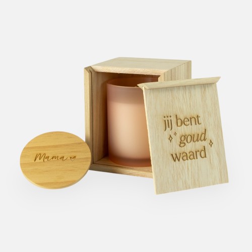 Geschenkset houten kistje met schuifdeksel & geurkaars blush - 'Jij bent goud waard' / 'Mama'
