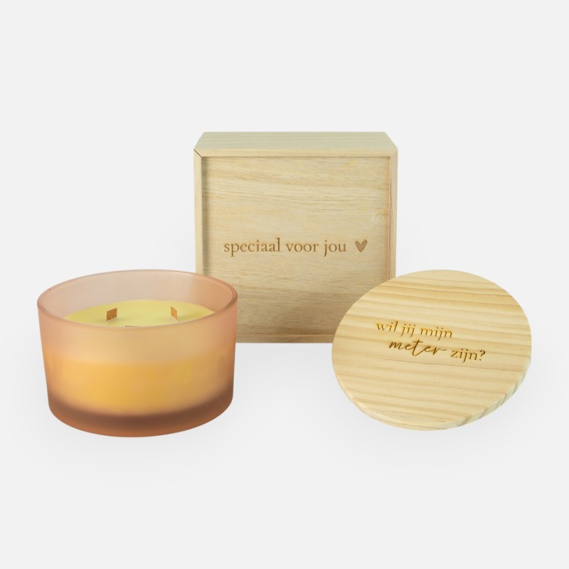 Coffret cadeau en bois avec couvercle coulissant et bougie parfumée blush - 'Speciaal voor jou' / 'Wil jij mijn meter zijn?'