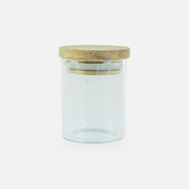 Glazen cylinder potje met houten deksel acacia