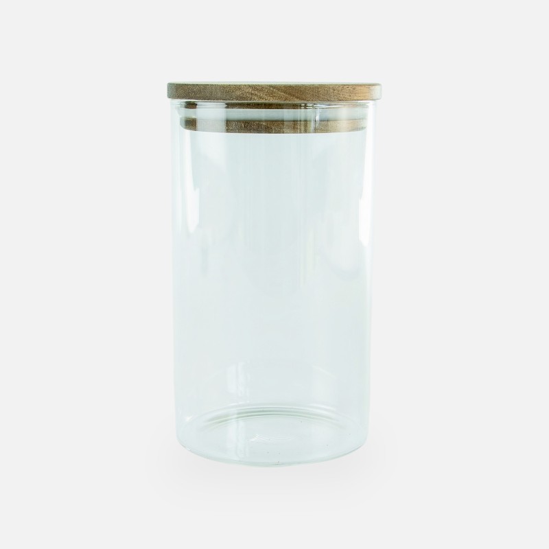 Glazen cylinder pot met houten deksel acacia