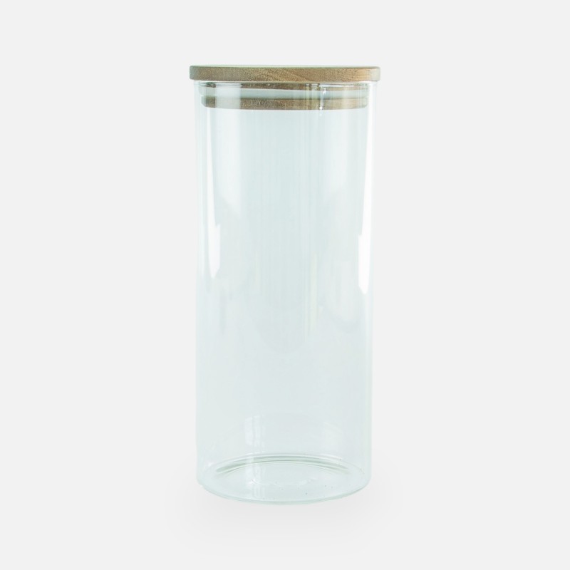 Glazen cylinder pot met houten deksel acacia