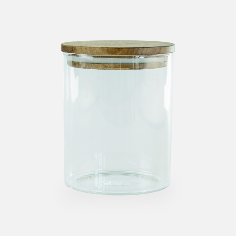 Glazen cylinder pot met houten deksel acacia