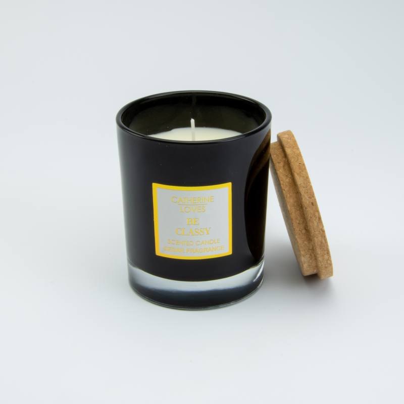 Geurkaars (cederhout) zwart glas met kurkdeksel - 8x8x9,7 cm