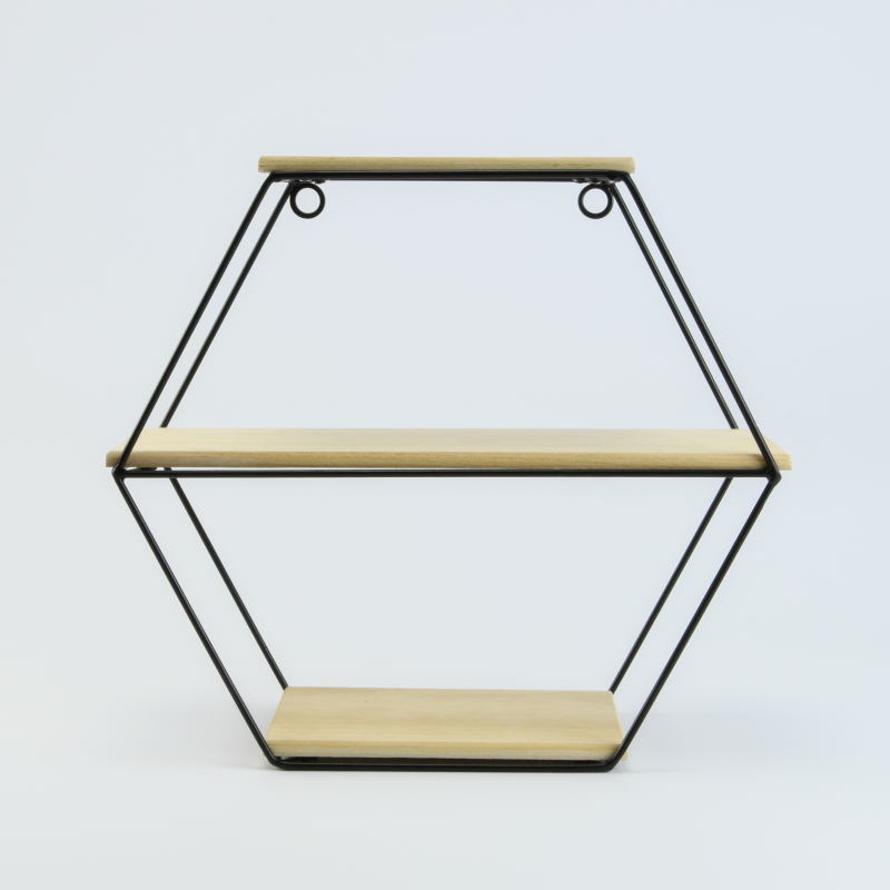 Metalen rek zeshoek met 3 houten leggers 30x12,5x28 cm