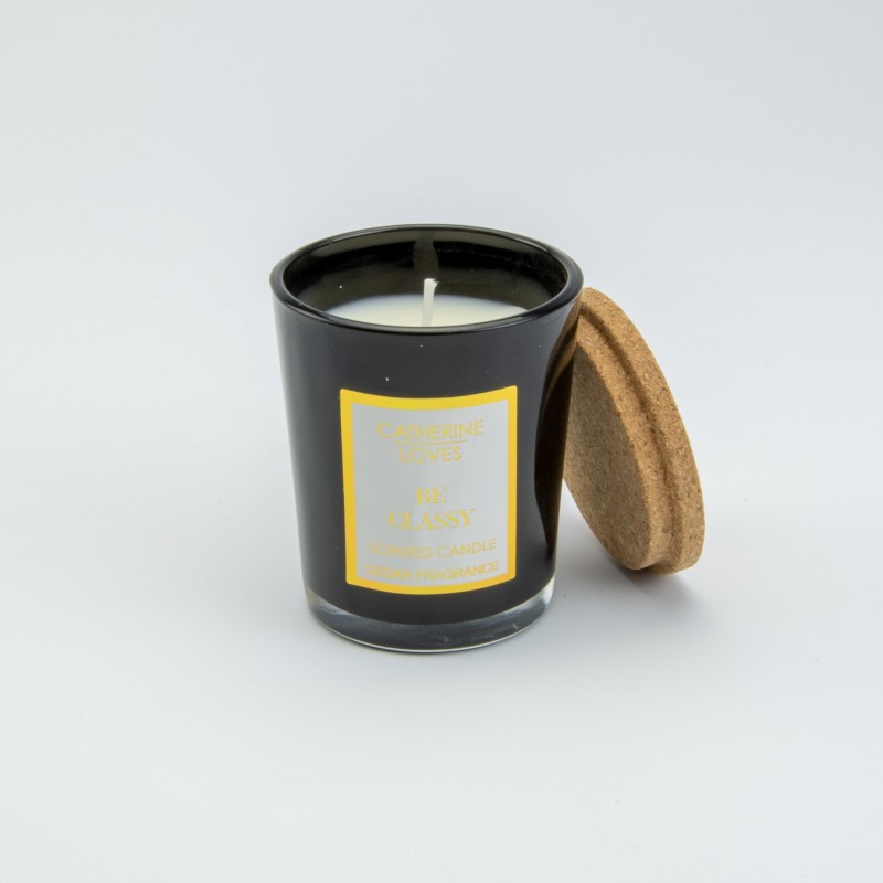 Geurkaarsje (cederhout) zwart glas met kurkdeksel - 5,7x4,7x7,2 cm